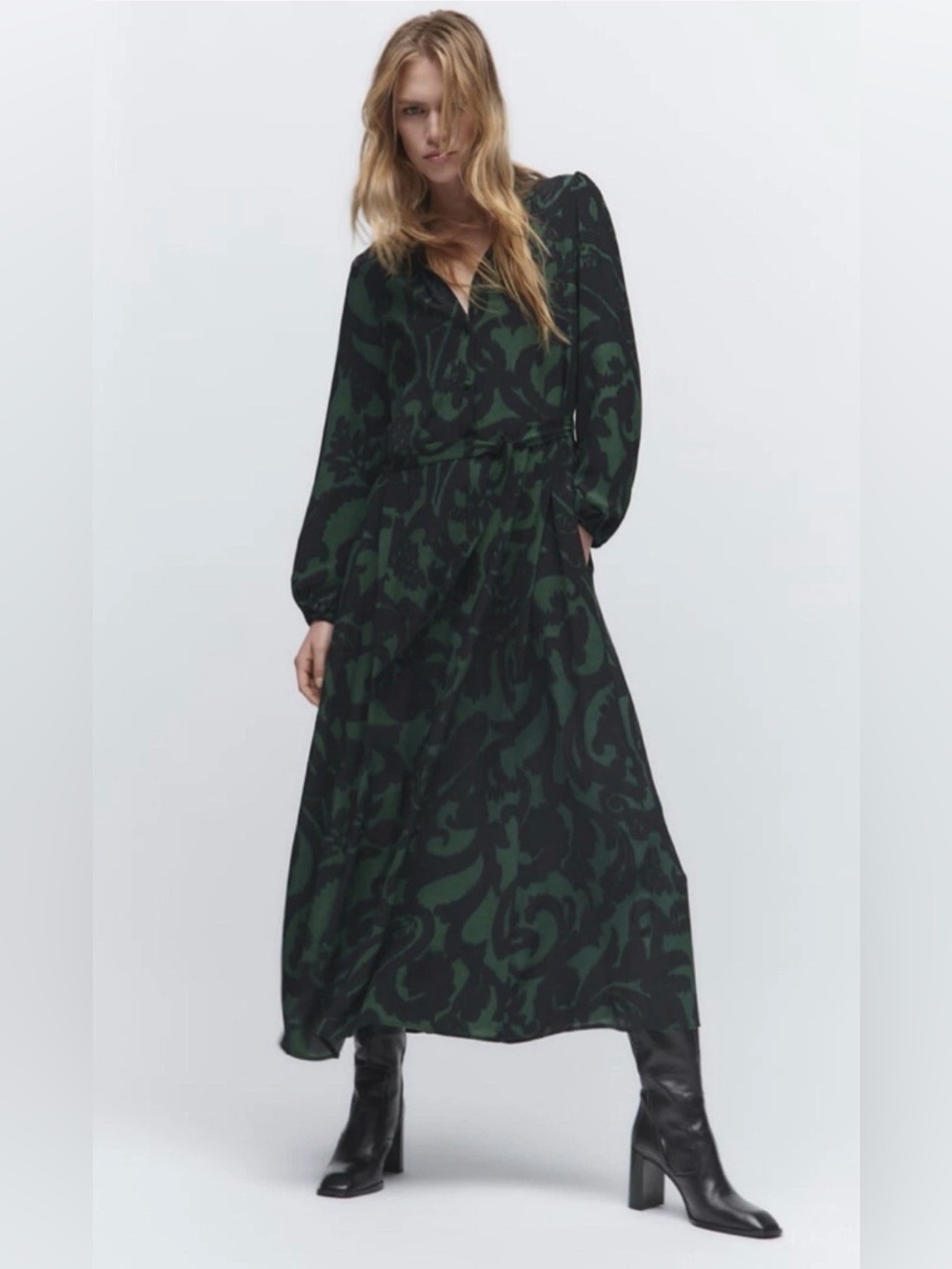Zara Long Sleeve Maxi Shirtdress in Black and Forest Green Size XL
